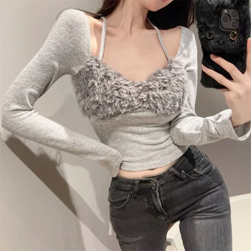 Long Sleeve T-shirts Women Slim Sexy Halter Patchwork Basic Hot Autumn Winter Tops Chic Defined Waist All-match Female Stretchy