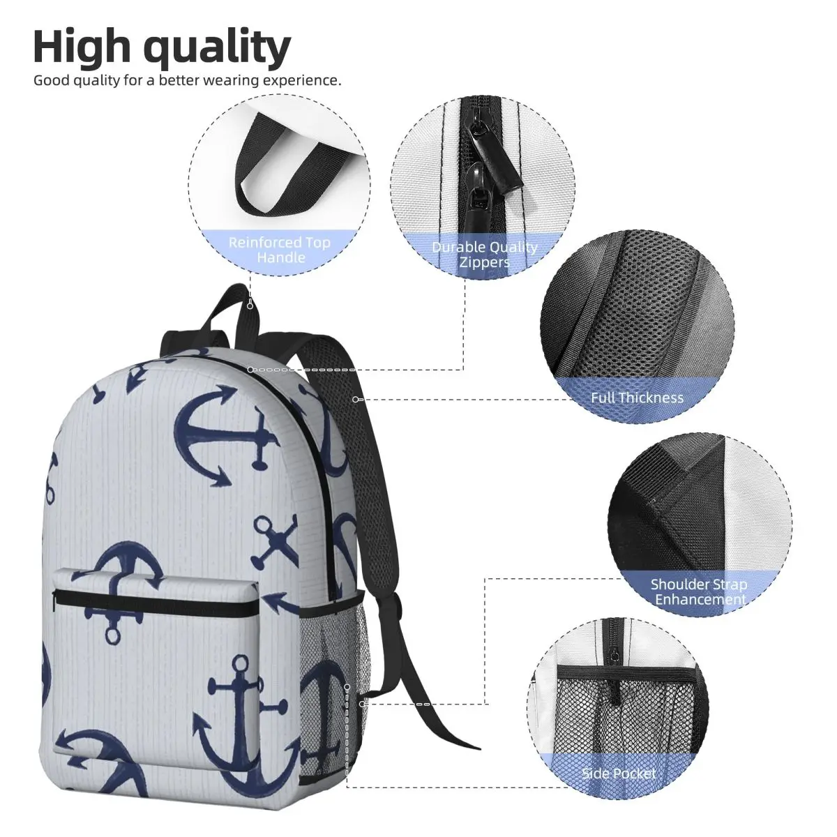 Maritime Pattern Of Blue Anchors On Light Gray Backpack Daypack Large Capacity BookBag School Bag Shoulder Bags for Men Women