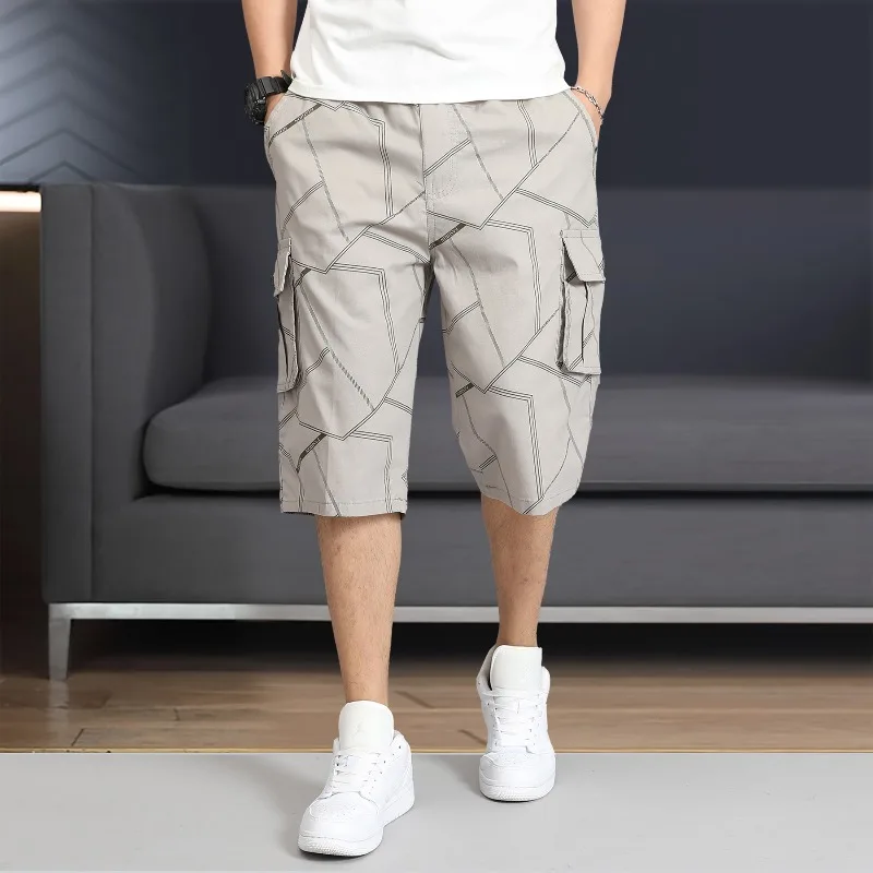 Men\'s Striped Summer Geometric Pattern Printed Button Pockets with Elastic High Waisted Loose Sportswear Trousers Vintage Shorts