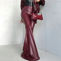 Europe and The United States Solid Color High Waist Pu Leather Pants, Temperament Slim-fit Bell Pants, Women's Autumn and Winter