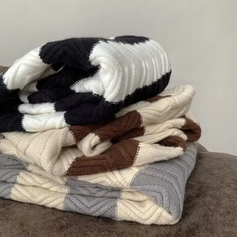 

Loose Knitted Sweater for Men Autumn Winter Large Size Hong Kong Sle Striped Color Blo Bo Baseball Collar Long Sve...