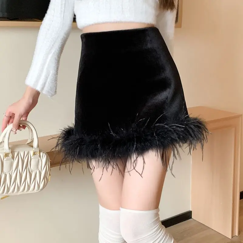 Sweet Fashion Autumn Winter Velvet Women Solid Zipper Patchwork Korean Temperament High Waist Slim Short A-line Hip Wrap Skirt