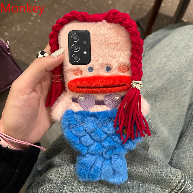 3D Cute Plush Mermaid Girls Gift Phone Case For Samsung A04 A14 A34 A54 A13 A23 A33 A53 A73 M52 M12 M13 Note 9 Fluffy Hair Cover