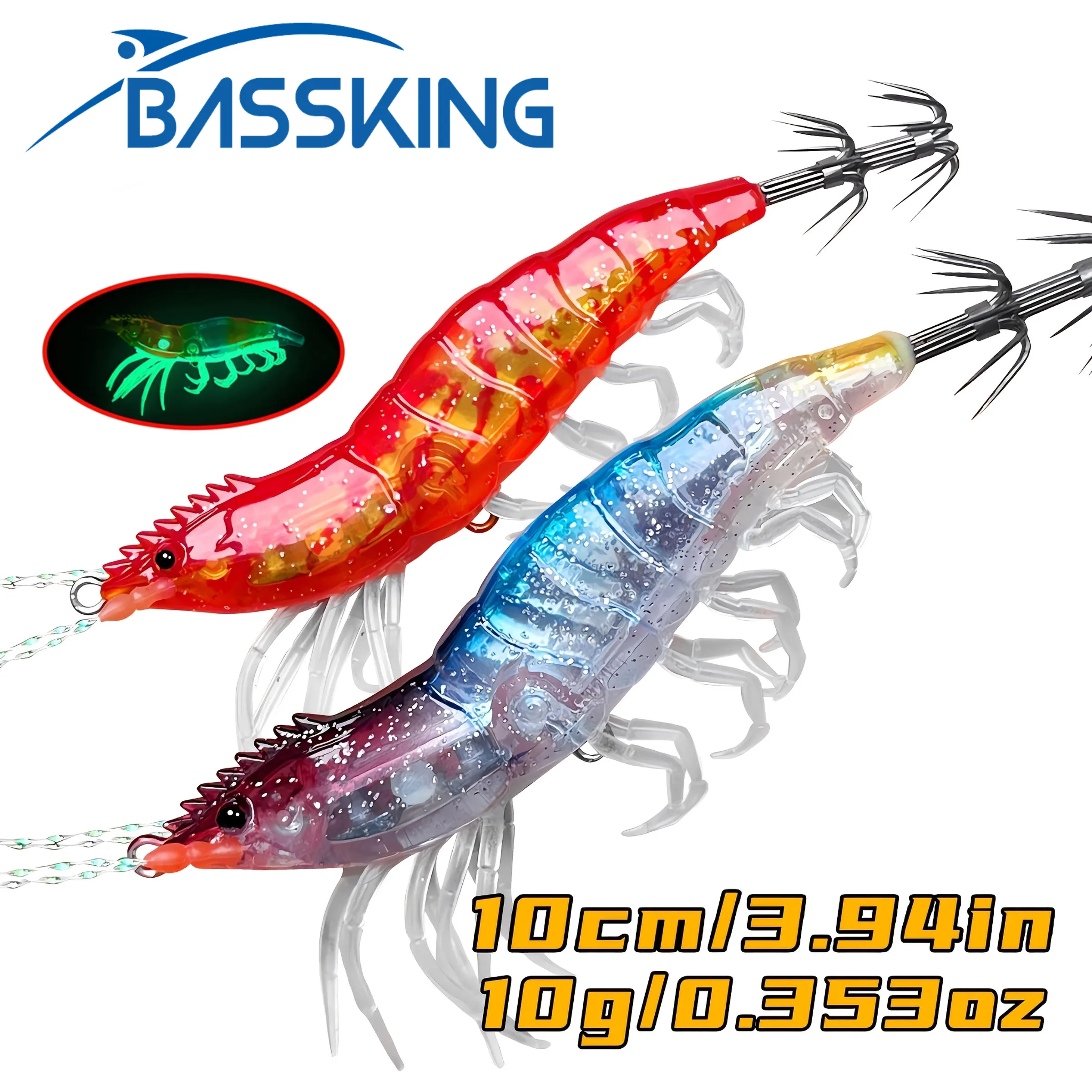 

BASSKING Luminous Squid Jig Hook Fishing Lures 10cm 10g Soft Foot Octopus Lure Wood Shrimp Cuttlefish Pesca Artificial Hard Bait