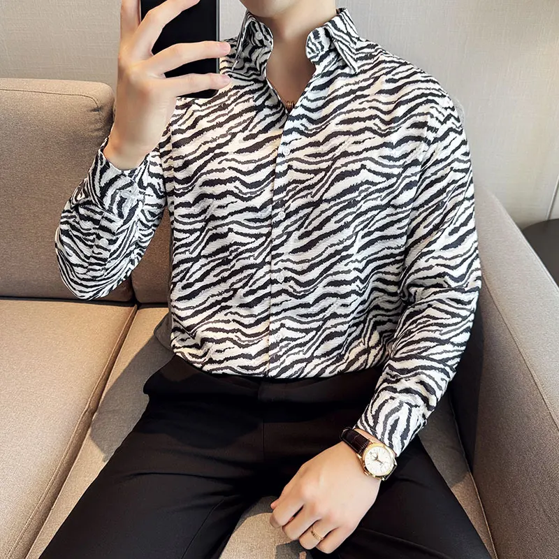 Camisa de manga comprida com estampa leopardo masculina, anti-rugas, high-end, macia, sólida, elástica, slim fit, casual, estilo britânico, Primavera, 2022