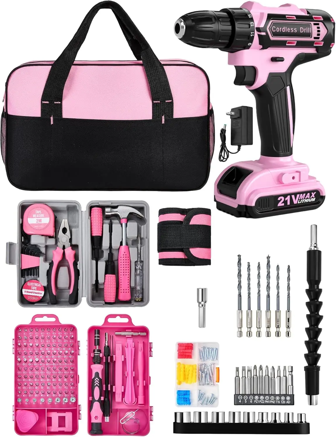 

Pink Cordless Drill Set 215 Pcs, 21V Power Tool Kit with Storage Bag for Women DIY Projects