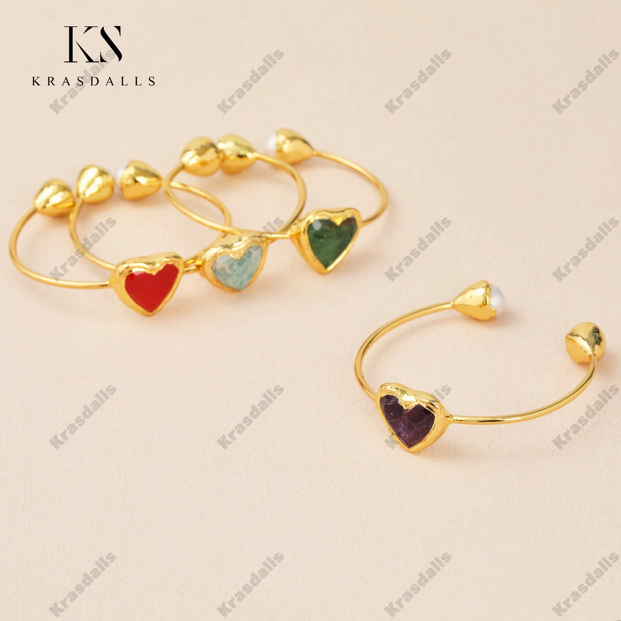 High Quality Gold Plated Bangle Heart-Shaped Gemstone & Pearl Exquisite Electroplating Edge Inlay Quartz Main Wholesale Jewelry