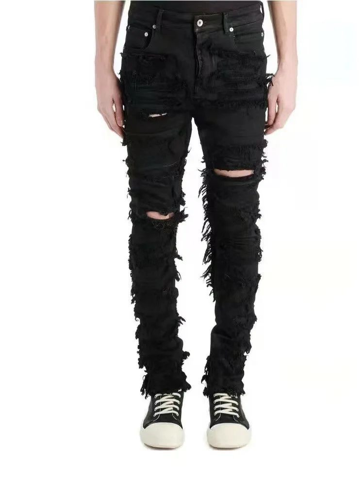 Dark Style RO High Street Denim Pants Men's Coating Brush Wax One Knife Cutting Erosion High Street Casual Ripped Jeans Pant