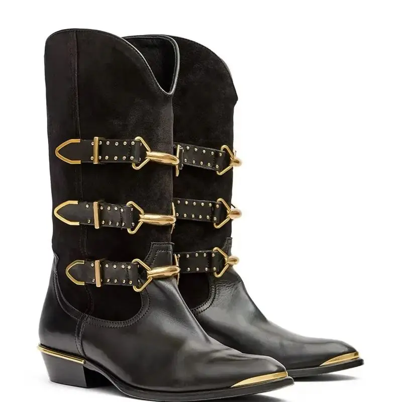 Splicing Style Black Metal Round Toe Belt Buckle Knee-High Women Boots Chunky Low Heels Buckle Strap Design Large Size Shoes
