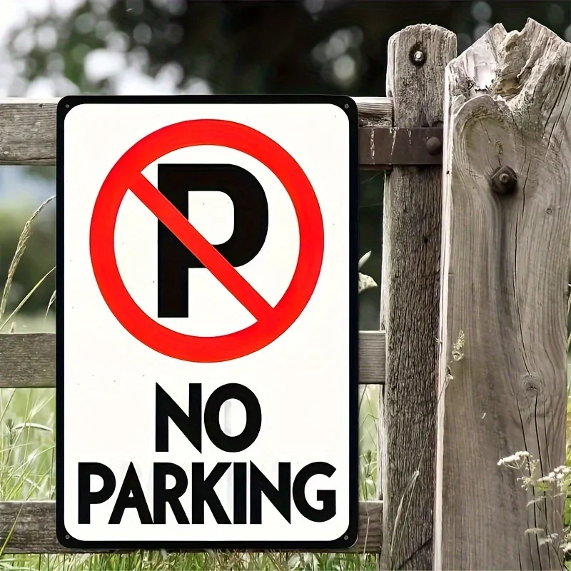 2D Metal Sign, Retro No Parking Metal Sign for Garage Driveway Street, 8x12 Inch Heavy Duty P-Shape Symbol , Pre-Drilled