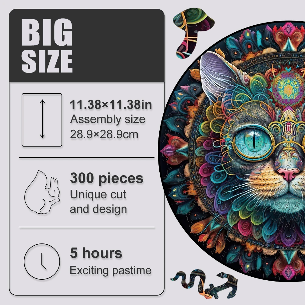 Magic Cat Mandala Wooden Puzzles Toys Round Animal Jigsaw Puzzle Crafts For Adults 3D Wood Puzzle Cats Board Games For Children