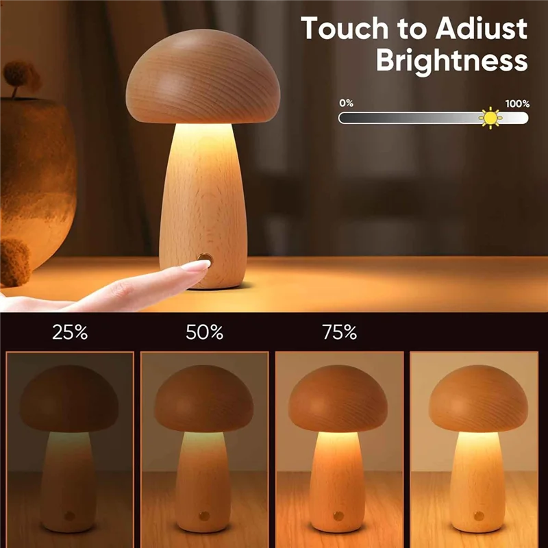 IALJ-Madeira criativa forma de cogumelo luz noturna lâmpada de mesa de cabeceira stepless escurecimento 3 cores recarregável luz de dormir nightlig