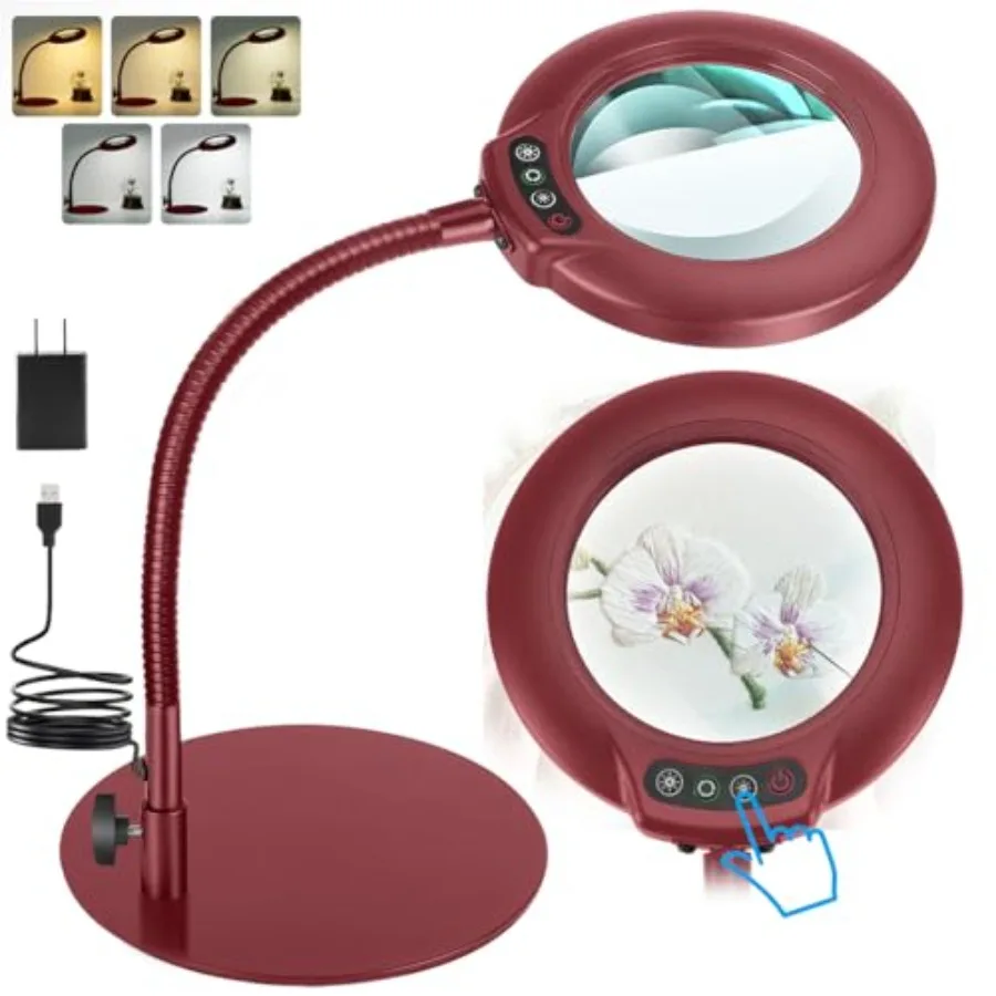 

10X Magnifying Glass with Light Real Glass Lens 5 Color Modes Dimmable Flexible Gooseneck Lighted Magnifier with Stand LED Desk