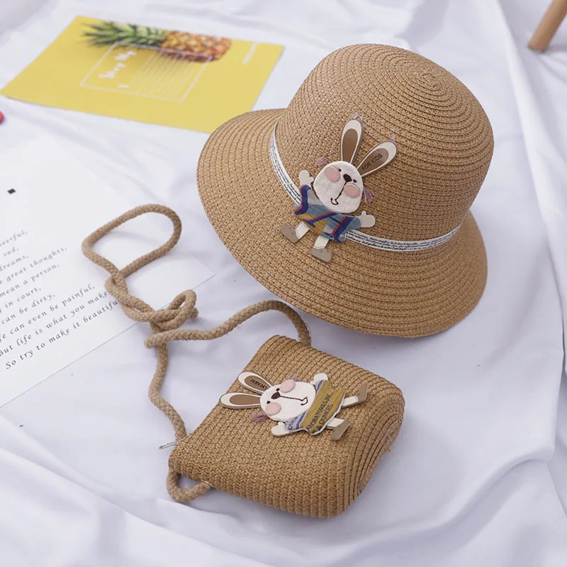 Sombrero de paja con bolso de mano para bebé, sombrero de playa transpirable con flores, bolsas para niños, visera para el sol, protección UV,