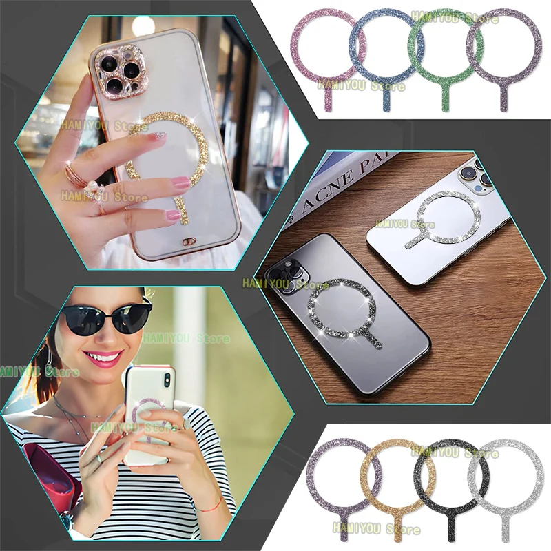 Glitter powder Magnetic Metal Plate Ring For Magsafe Wireless Charger Iron Sheet Sticker Magnet Car Phone Holder for iPhone X 11