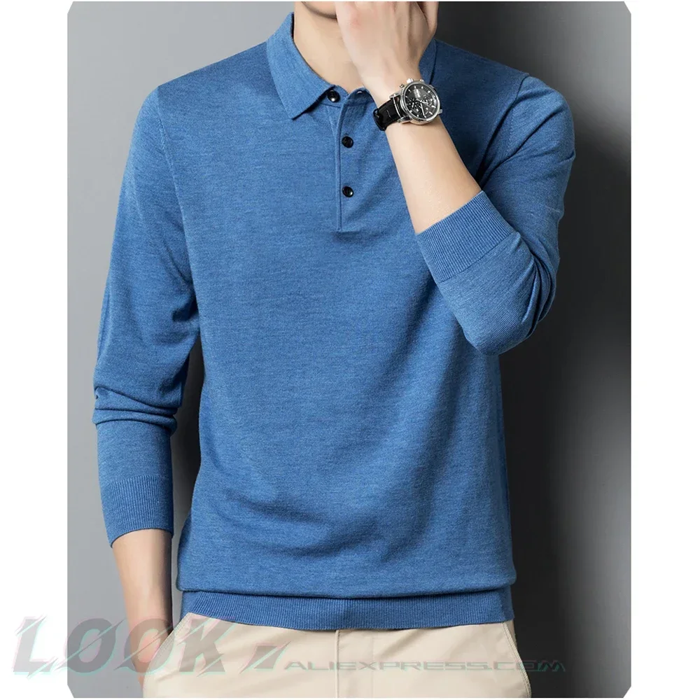 Men\'s Autumn Long-Sleeved Wool Blend Solid Color Polo Pullover Sweater with Lapel, Casual Bottoming Sweater -Sizes M-4XL