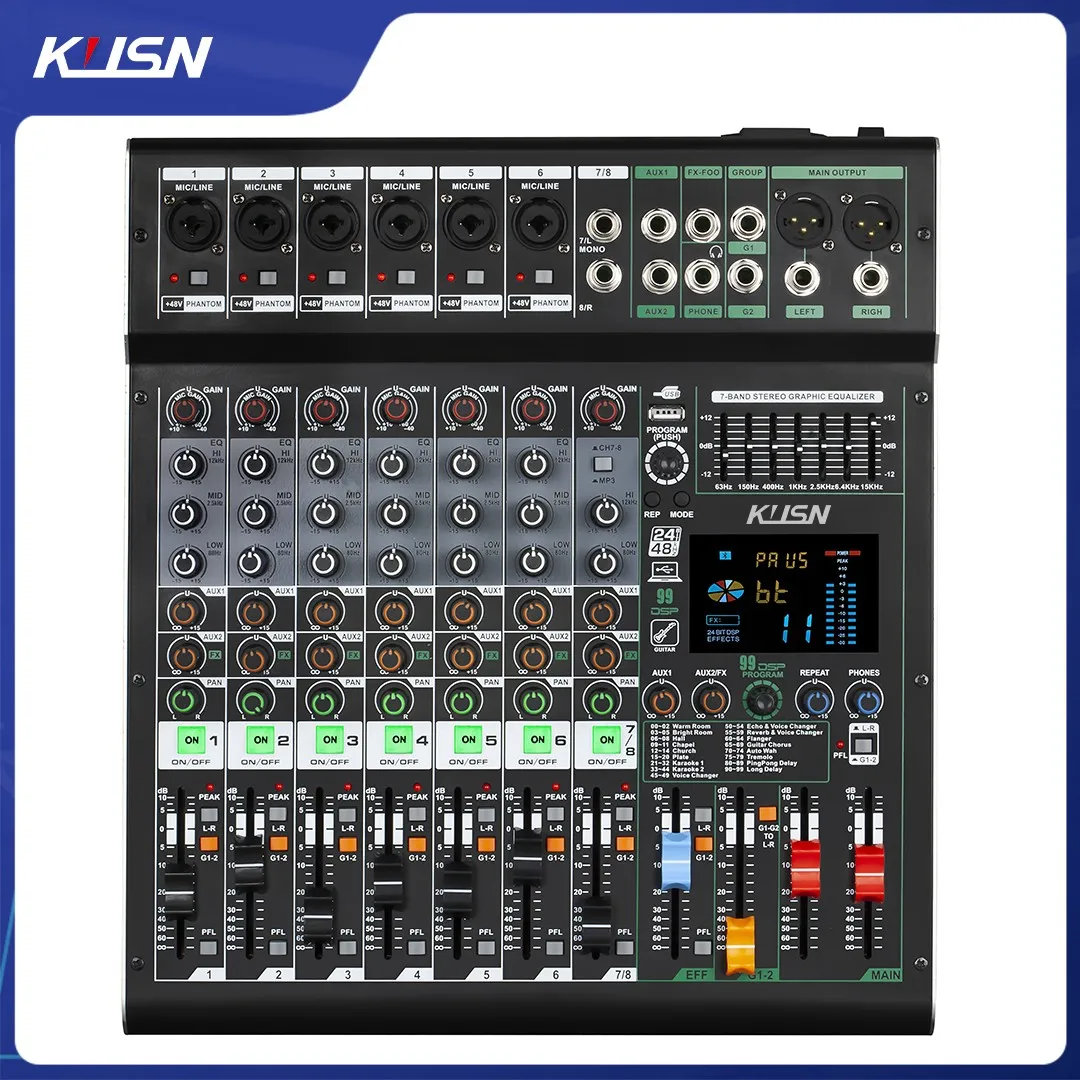 8 Channel 99 DSP Audio Mixer Sound Mixing Console with 24-bit DSP Bluetooth MP3 USB