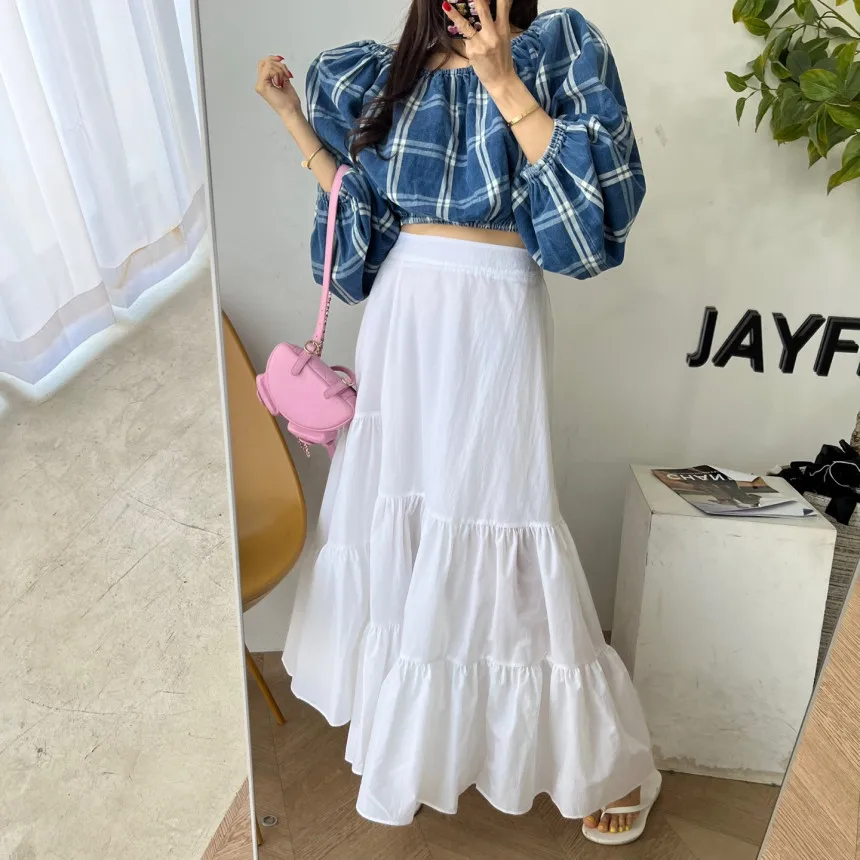 

Женская свободная юбка с драпировкой на талии, корейский стиль, хлопковая, с лоскутным узором, расклешенная, удлиненная, стройнящая, длинная