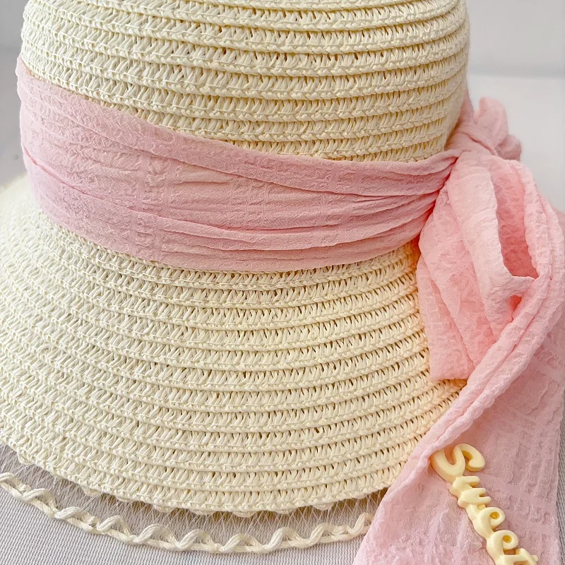 Big Brim Dome Bucket Hat For Baby Solid Color Bow Straw Hat For Children Summer Seaside Beach Sun Hat For Girls