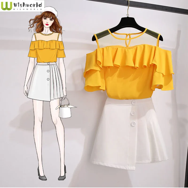 

2022 Summer New Korean Style Temperament Fashion Chiffon Top Foreign Style Age Reducing Short Skirt Pants Two Piece Women's Suit