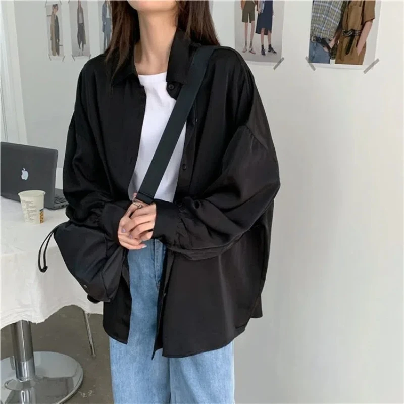 

Korean Loose Ice Silk Lantern Sleeve Shirt Sun-proof Tops Midi New Pattern All-match Fashion Commute Ice Silk Women's Clothing