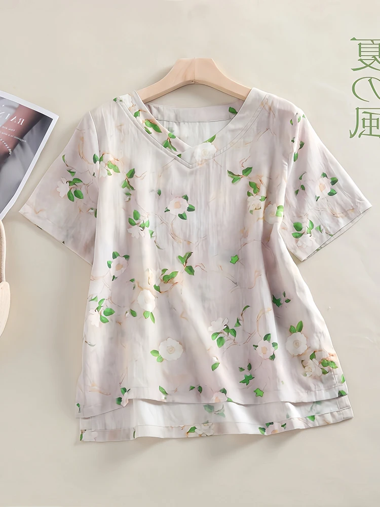 

Художественная хлопково-льняная футболка ort Sve, свободная тонкая асимметричная повседневная футболка с v-образным вырезом, летний женский топ больших размеров для отдыха irt