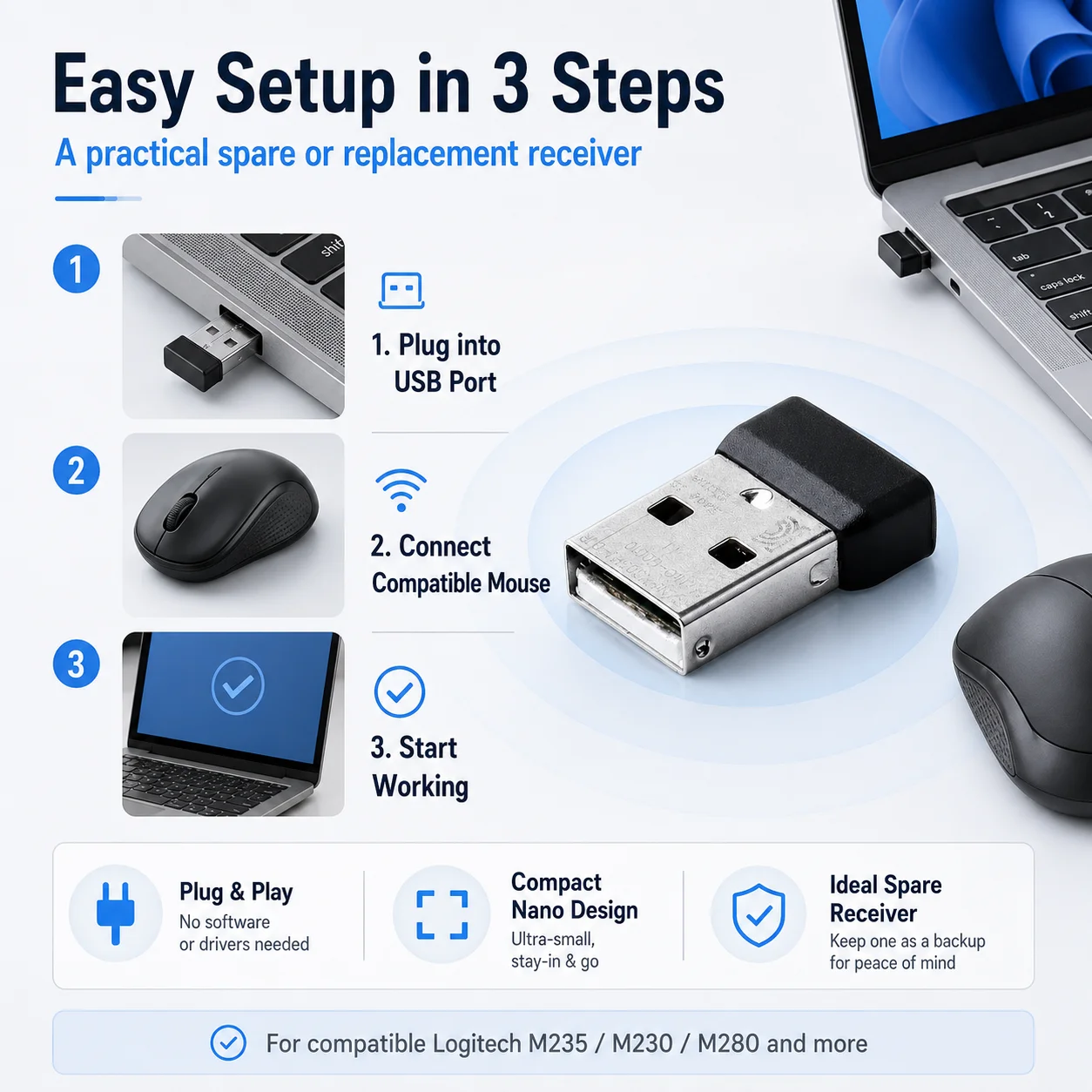 USB Wireless Mouse Receiver Replacement Nano Receiver for Logitech M235 M230 M280 Keyboard Mouse Accessories