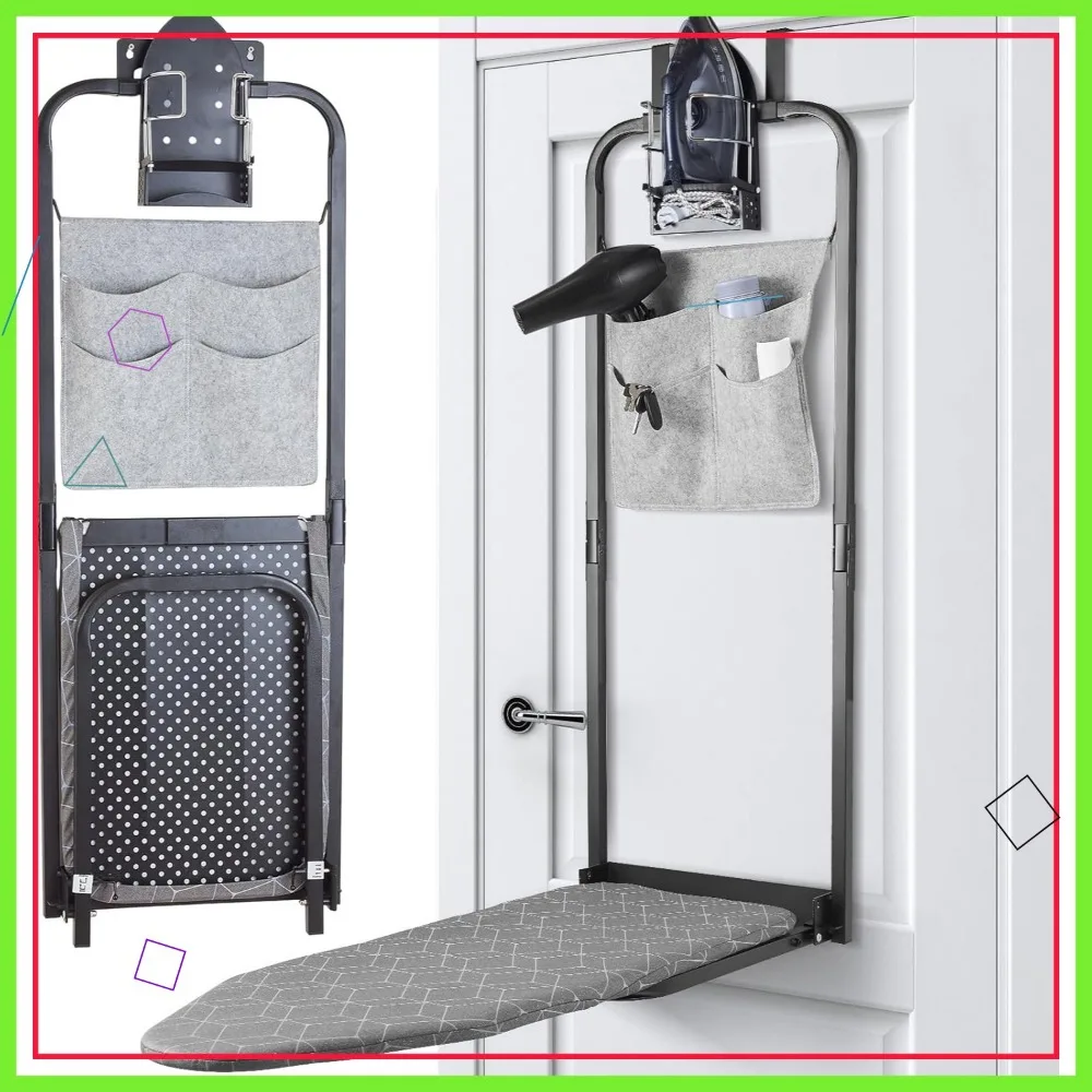 Over the Door Ironing Board 14x42 inches with Iron Holder and Storage Bag, Hanging for Home Laundry Room, Black