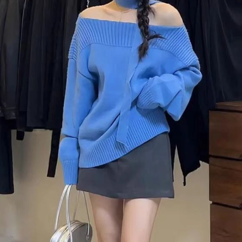 

2025 Autumn/Winter New High Quality Sweater Women's Off Shoulder One Collar Two Piece Set Collar Korean Knitted Sweater