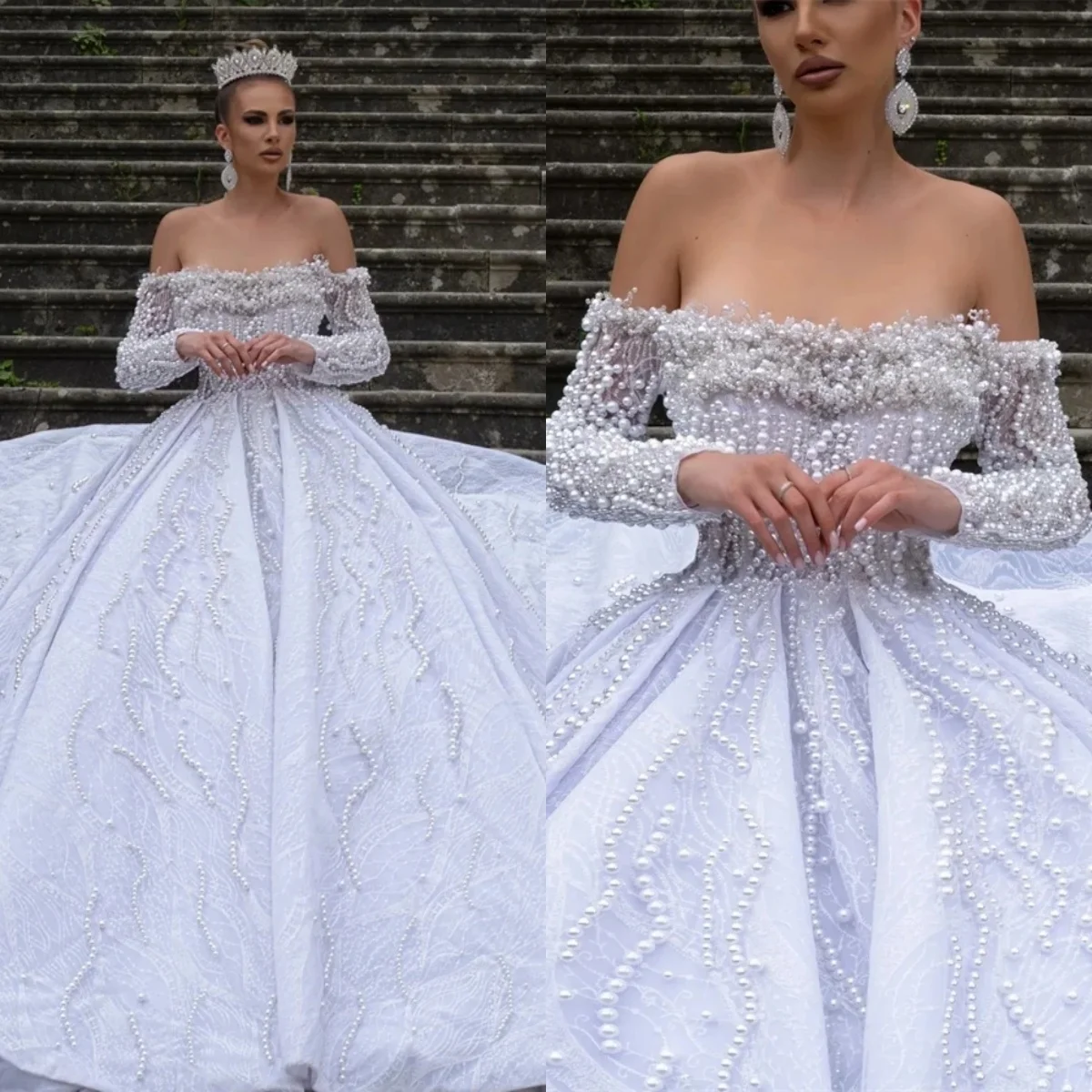 

Exquisite Ball Gown Wedding Dress Off Shoulder Sleeveless Bridal Gowns Pearls Sweep Train Dresses Custom Made vestidos de novia
