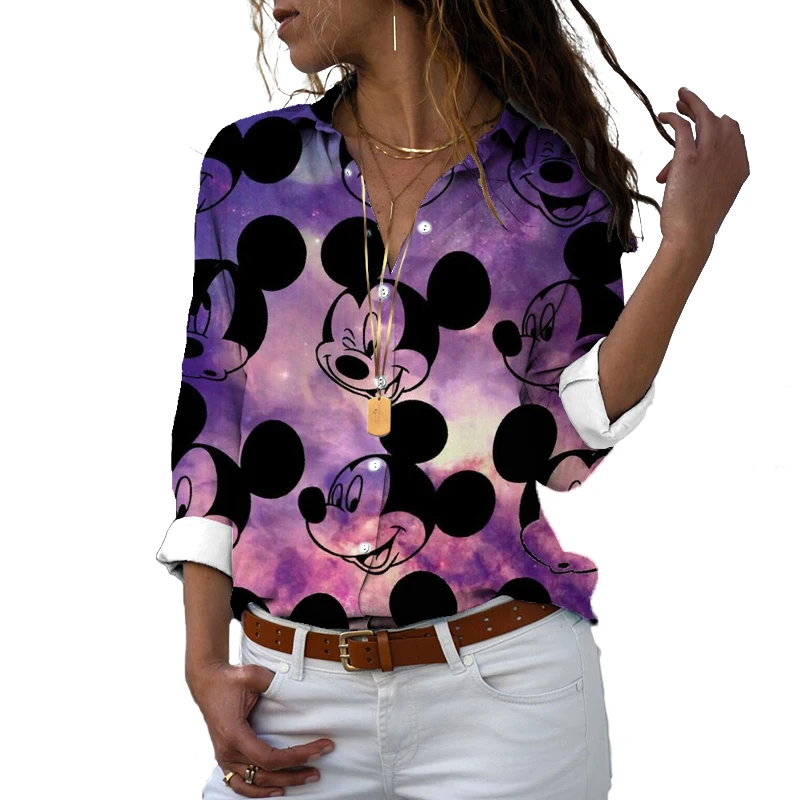 Disney Shirr Summer Men Women Button Long Sleeve Lapel Mickey Minnie Pattern Print Fashion Casual Harajuku Cute Shirt y2k