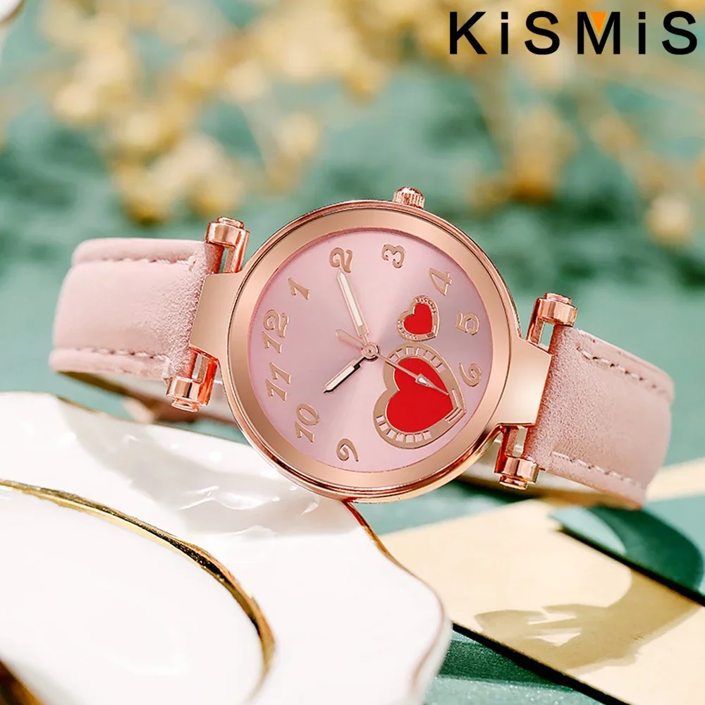Women's Fashion Quartz Watch Love Design Peach Heart Leather Strap Elegant Timepiece for Women Stylish Wristwatch