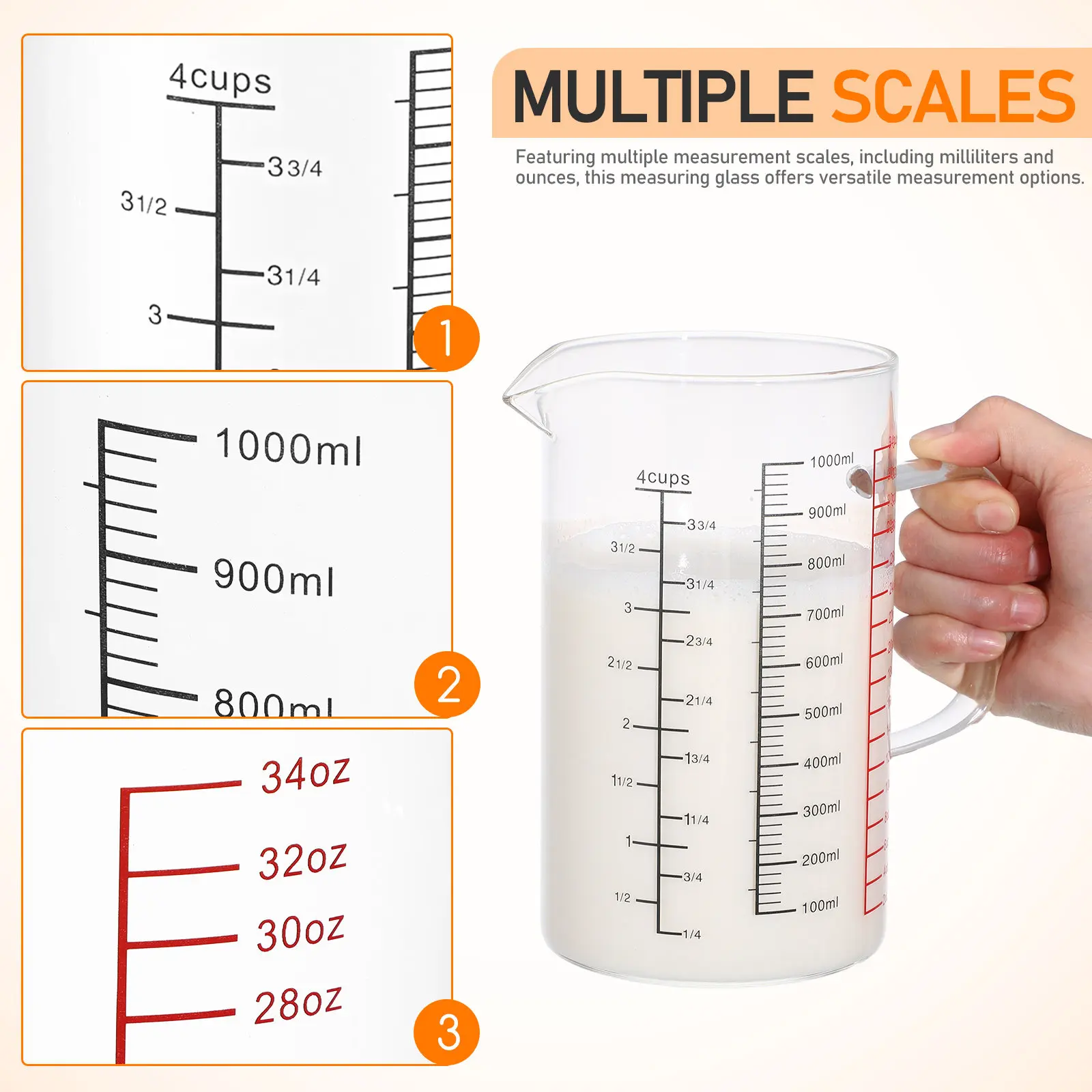 1000 Ml Glass Measuring Cup with Pour Spout Clear Easy to Read Measurements Multiple Scales Ml Oz for Wet Dry Ingredients Baking