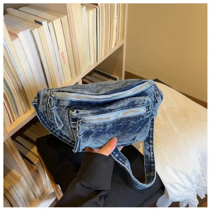 Damen Vintage Washed Denim Tasche mit Mehreren Taschen, Verstellbarer Riemen Crossbody Gürteltasche für Tägliche Aufgaben und Outdoor-Aktivitäten – Detail 17