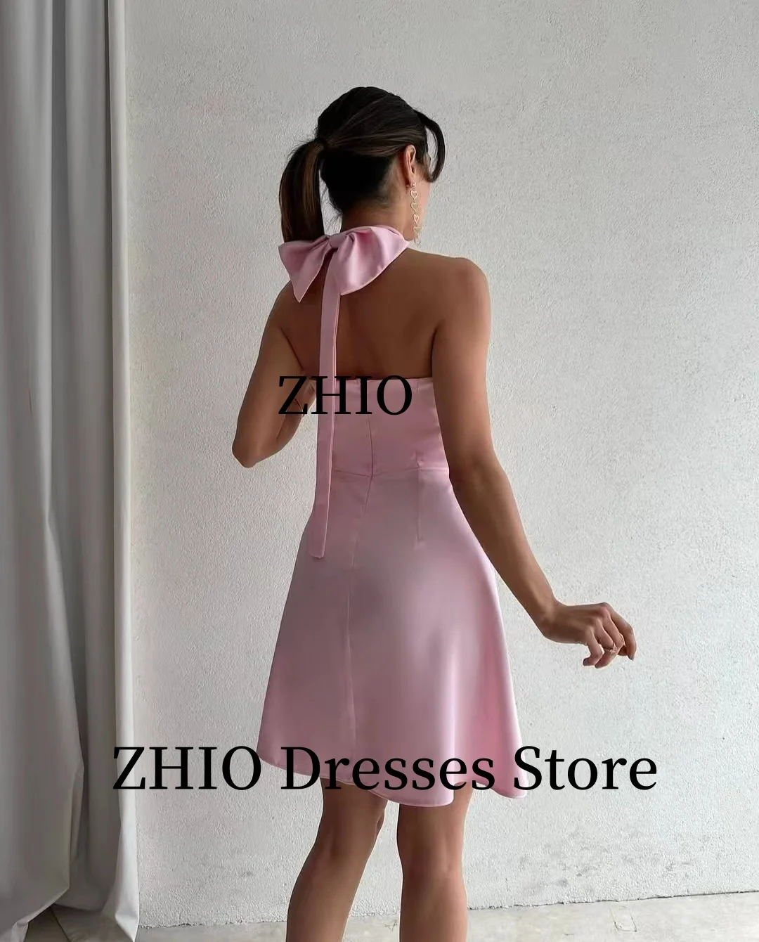 ZHIO فساتين سهرة وردية أنيقة مع أشرطة على شكل فيونكة رسن على شكل حرف a من الساتان فستان حفلات قصير فستان كوكتيل صغير حسب الطلب