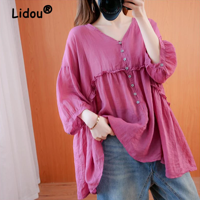 

Women Summer Trendy Ruffle Oversized Asymmetrical Blouses Solid V Neck 3/4 Sleeve Cotton Linen Shirts Y2K Streetwear Tops Ropa