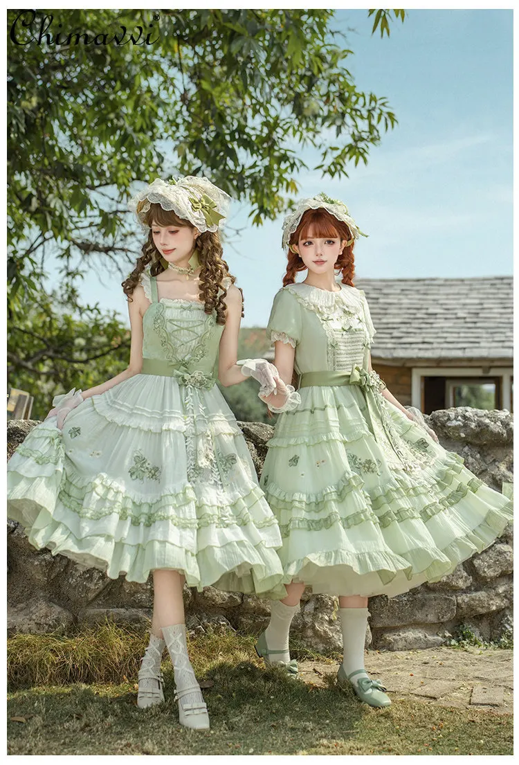 

Original Pastoral Green Embroidered Op/jsk Large Swing Lolita Dress Summer New Sweet Cute Girl High Waist Elegant Princess Dress