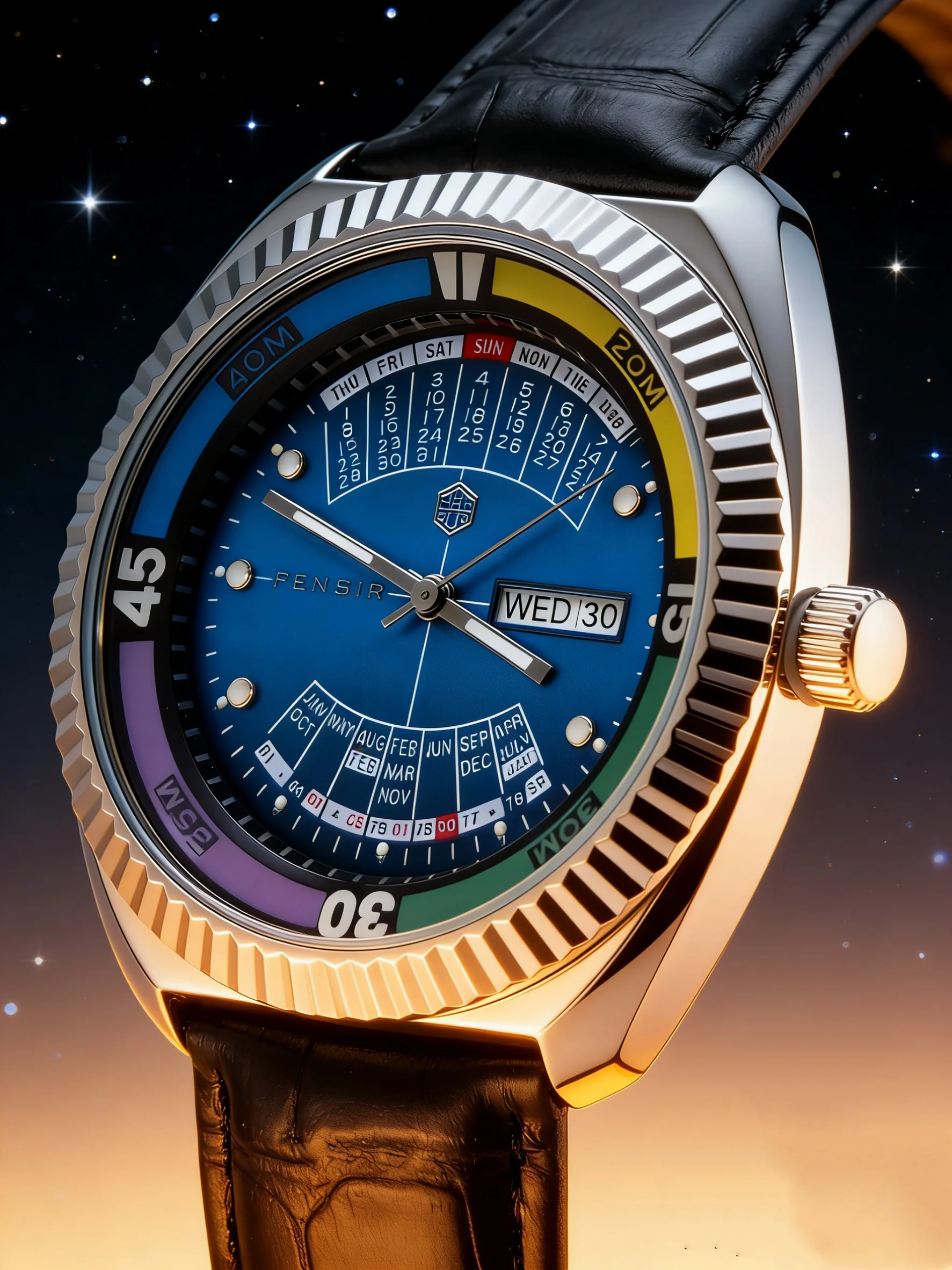 Luxury Men's Quartz Watch with Vintage Rainbow Bezel, Sports Watch, Waterproof, Day and Date Display, Leather Strap, Casual Fashion Men's Watch, Skateboard Street Style Men's Gift Watch