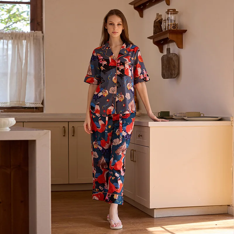 

Женская пижама с принтом лисы в мультяшном стиле, комплект из 2 предметов: хлопковая пижама с коротким рукавом, ночная одежда, домашняя одежда, повседневная одежда для отдыха, лето 2026