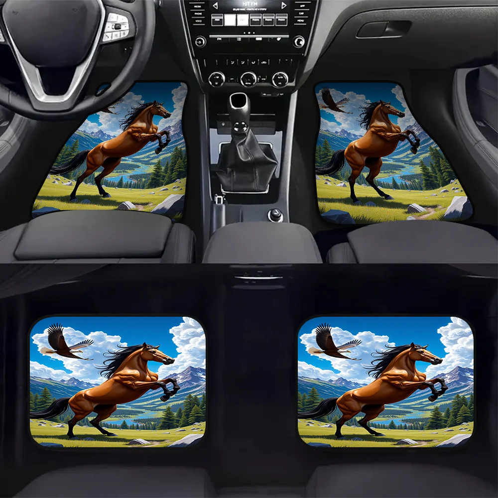 4pcs Car Foot Mats Featuring Majestic Horse Eagle Alps Scene Design, Ideal For Family Car Use Or Road Trips, Offering Easy To Cl