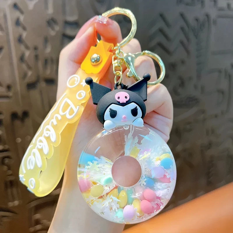 New cute Sanrio Donut Kuromi Cinnamoroll Hello Kitty keychain acrylic quicksand bottle cartoon doll bell backpack pendant gift