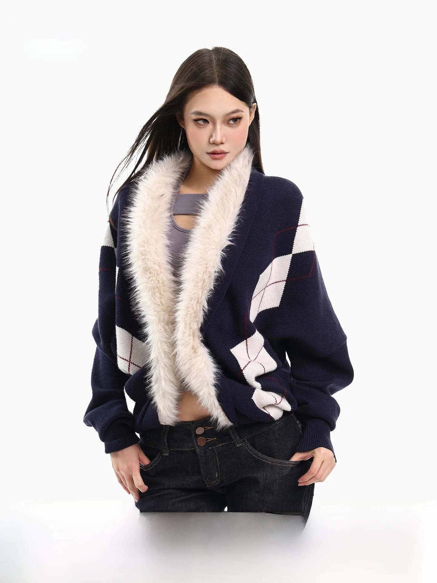 

Вязаный кардиган CCUP SPACE в стиле ретро, теплый, женский, с меховым воротником, ромбовидным узором, длинный, свободного кроя