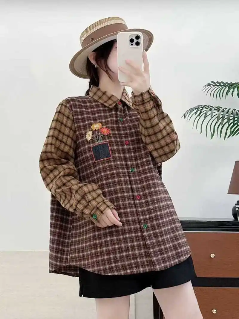 Japanese Mori Girl Vintage Plaid Embroidery Patchwork Cotton Shirts Women Autumn Turn Down Collar Long Sleeve Casual Blouse Tops