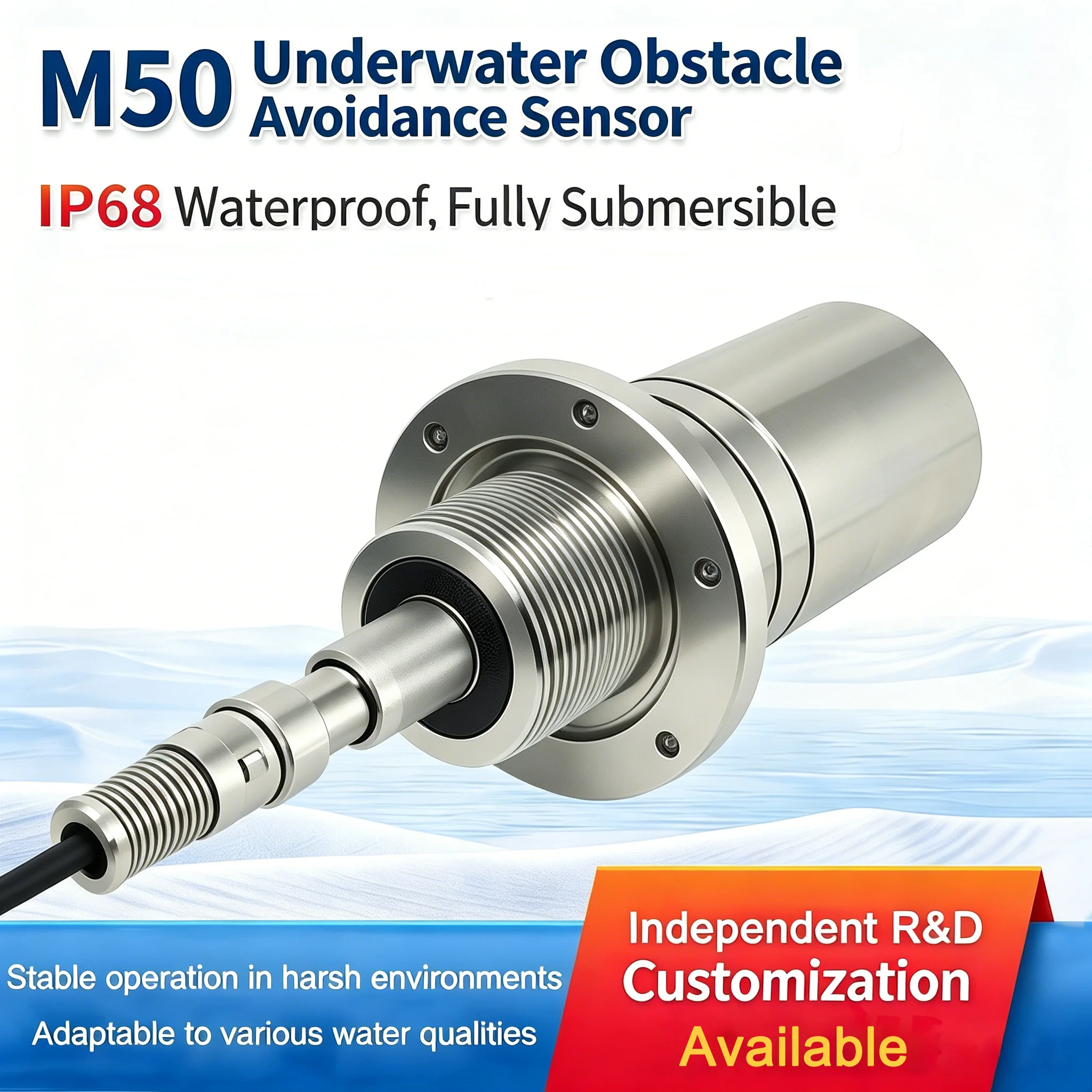 Ultrans M50 Underwater Obstacle Avoidance Sensor 200/300KHz Ultrasonic Distance Measurement 304 Stainless Steel Housing 50/100