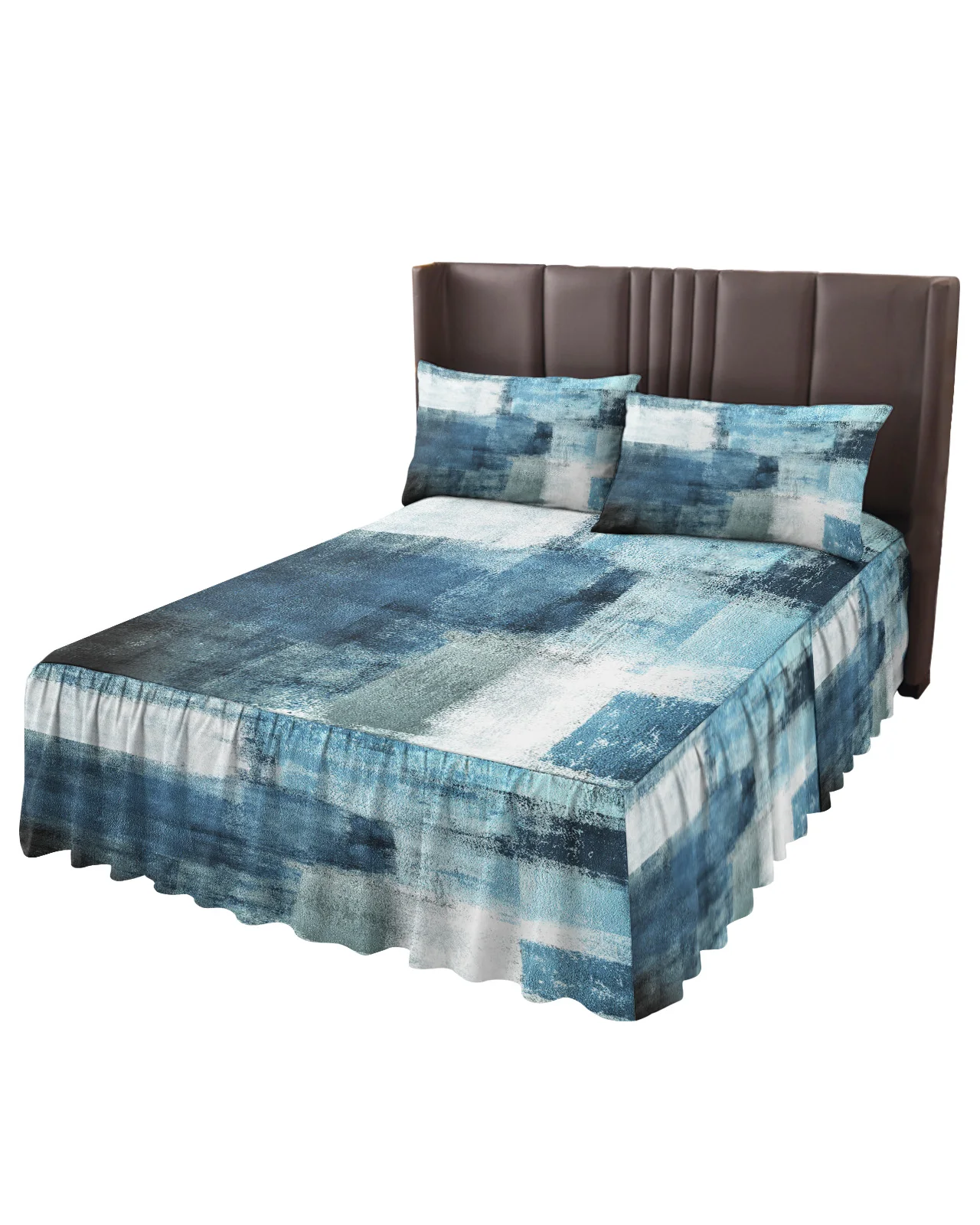 Oil Painting Abstract Geometric Blue Bed Skirt Elastic Fitted Bedspread With Pillowcases Mattress Cover Bedding Set Bed Sheet