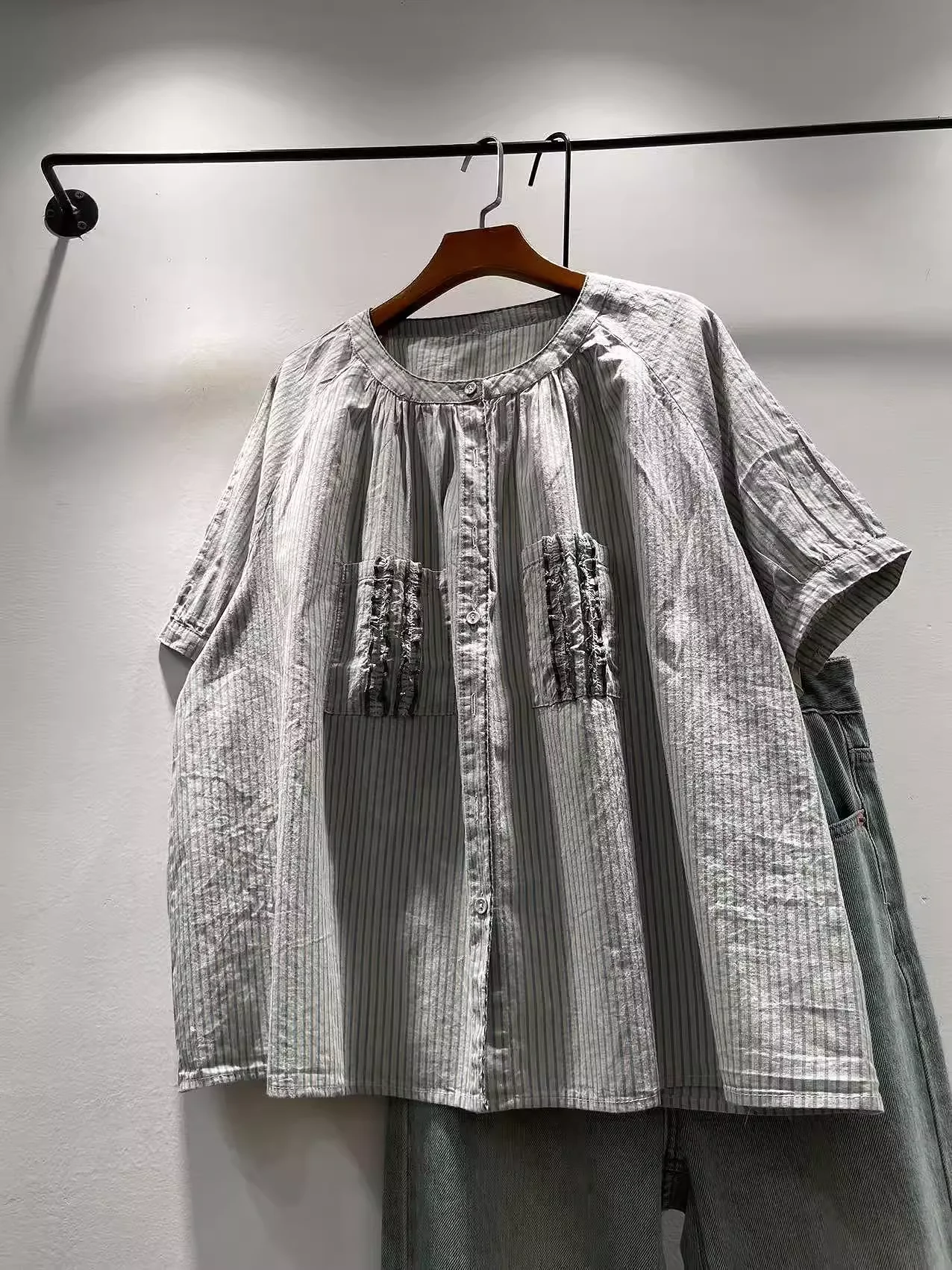 

100% Cotton large size tops Japan style vintage short sleeve striped shirts button up blouses middle aged women clothing