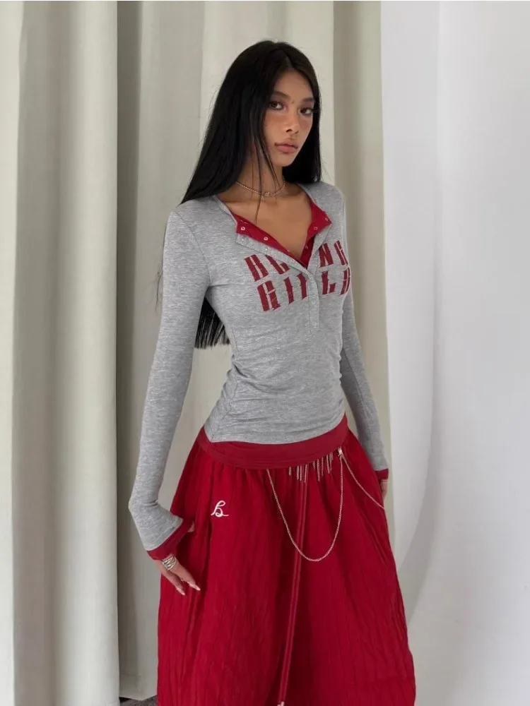 Y2k Fake Two Pieces T-shirt Spring Autumn Long Sleeve Slim Tops Vintage Streetwear Grunge Chic Letter Print Tees Design Jacket