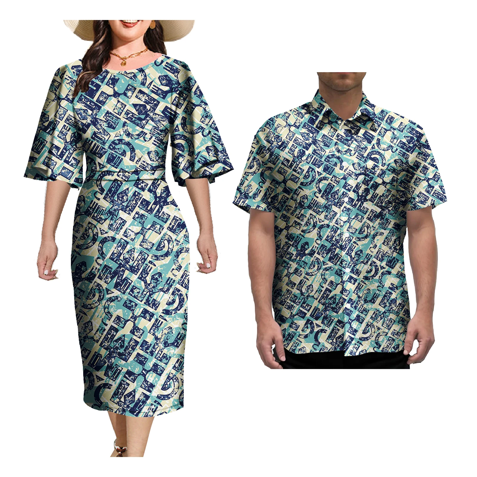 Couple Outfit Sets Elegant Dresses Women Sexy Skirt Samoa Tattoo Printed Polynesian Casual Dress Matching Men Shirts