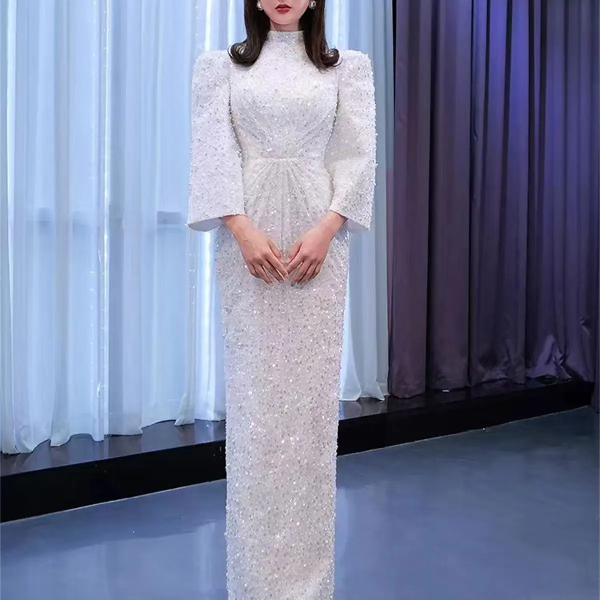 Wedding Dress Classic Sequin Pearl Turtleneck Long Sleeves Back Strap Design Split Elegant 2023 New Formal Occasion Bridal Dress