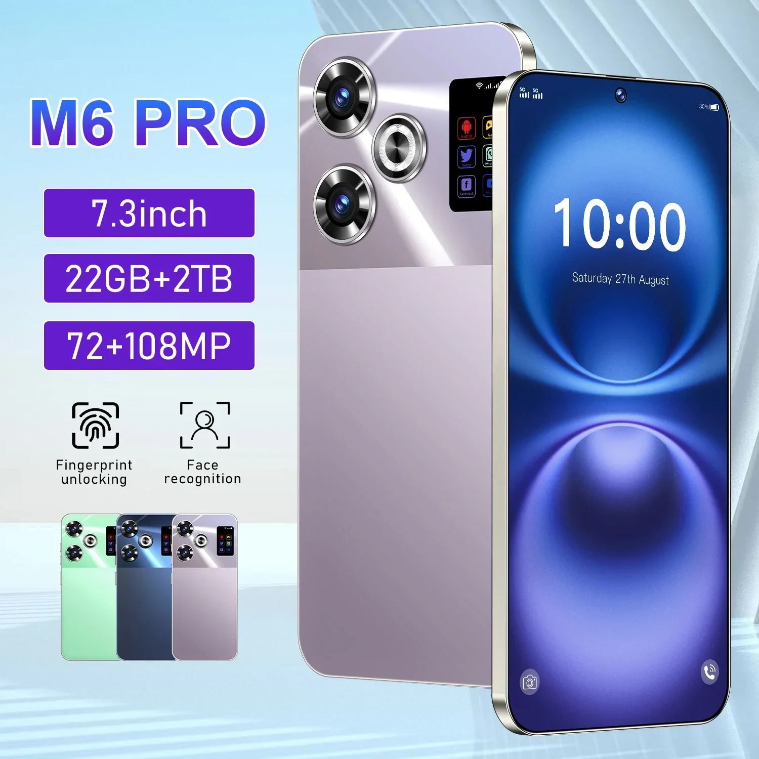 

M6 Pro New Smartphone 5G 7.3-inch High-definition Android 14 Snapdragon 8gen3 Dual SIM Phone 8000mAh Unlocking Mobile Phones